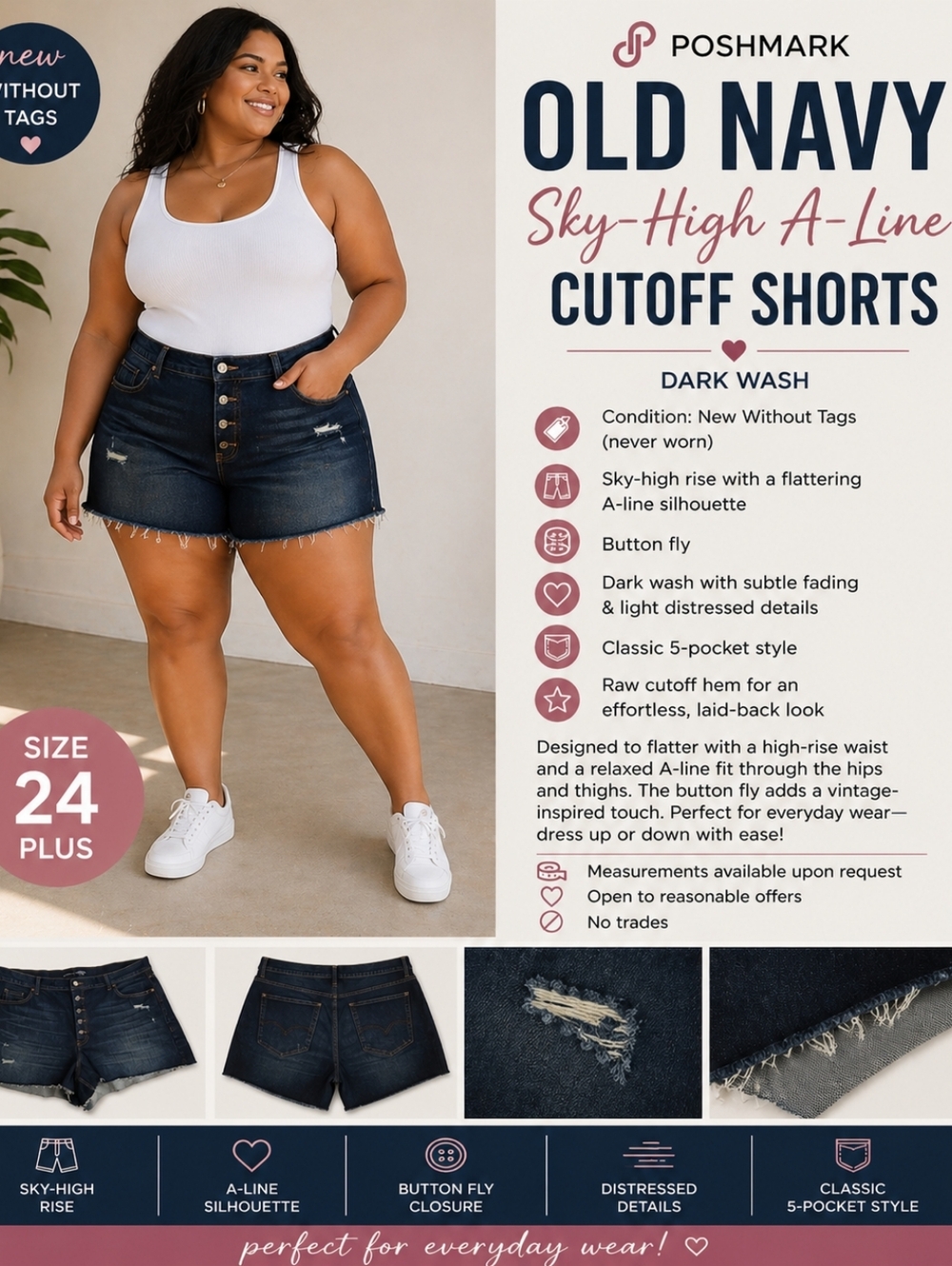 NWOT Old Navy Sky-High A-Line Cutoff Shorts Dark Wash Button Fly Size 24 PlusN